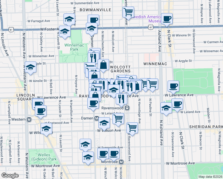 map of restaurants, bars, coffee shops, grocery stores, and more near 4838 North Wolcott Avenue in Chicago