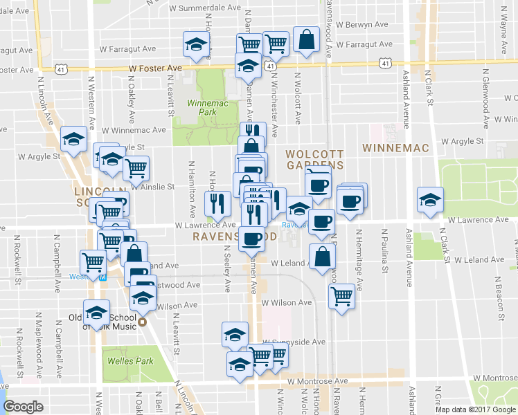 map of restaurants, bars, coffee shops, grocery stores, and more near 4842 North Damen Avenue in Chicago