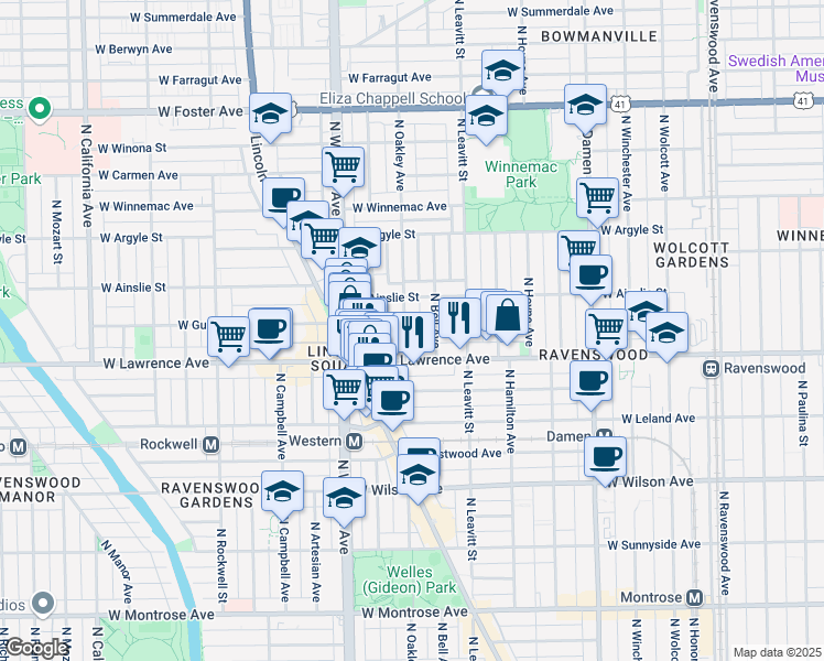 map of restaurants, bars, coffee shops, grocery stores, and more near 4846 North Bell Avenue in Chicago