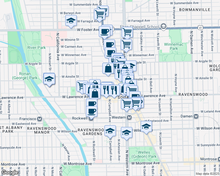 map of restaurants, bars, coffee shops, grocery stores, and more near 2500 West Gunnison Street in Chicago