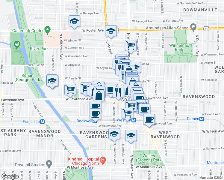 map of restaurants, bars, coffee shops, grocery stores, and more near 2500 West Gunnison Street in Chicago