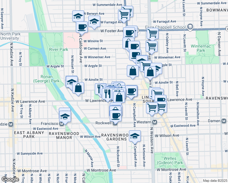 map of restaurants, bars, coffee shops, grocery stores, and more near 4851 North Talman Avenue in Chicago