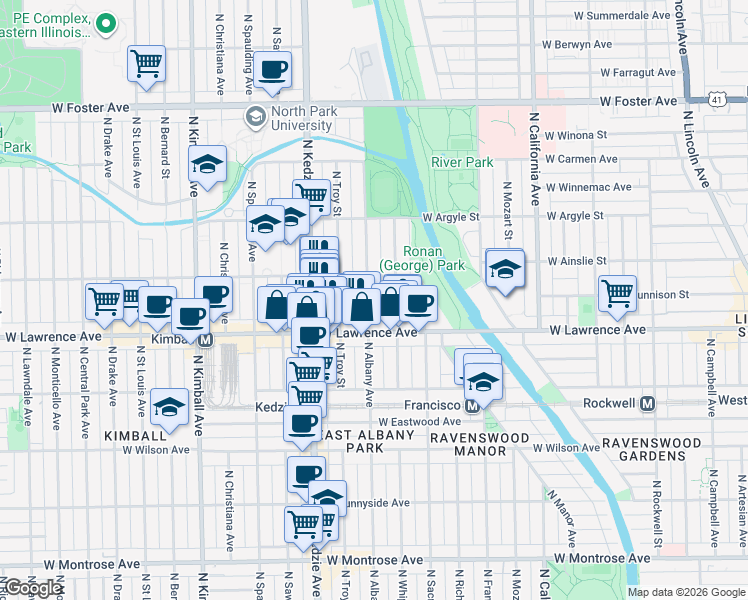 map of restaurants, bars, coffee shops, grocery stores, and more near 4850 North Albany Avenue in Chicago