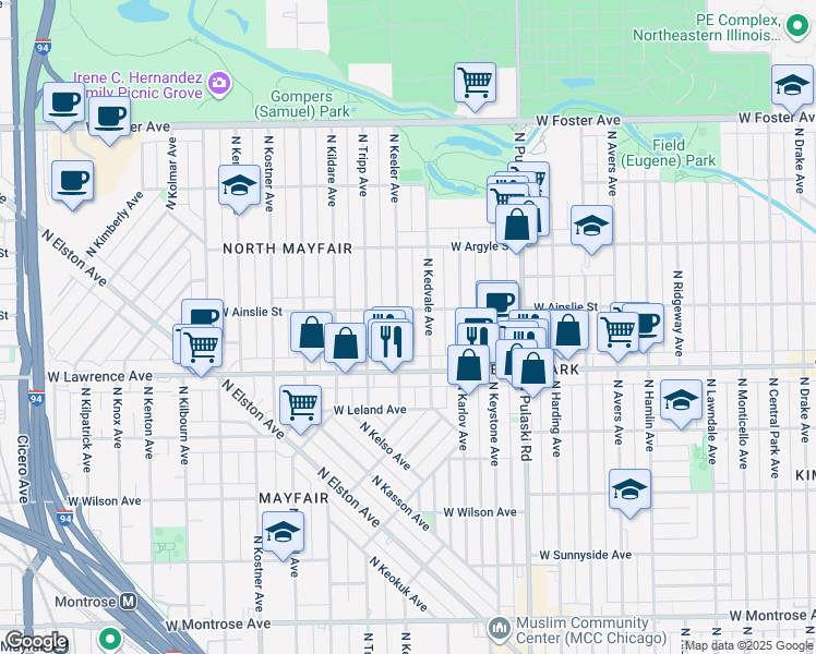 map of restaurants, bars, coffee shops, grocery stores, and more near 4856 North Kedvale Avenue in Chicago