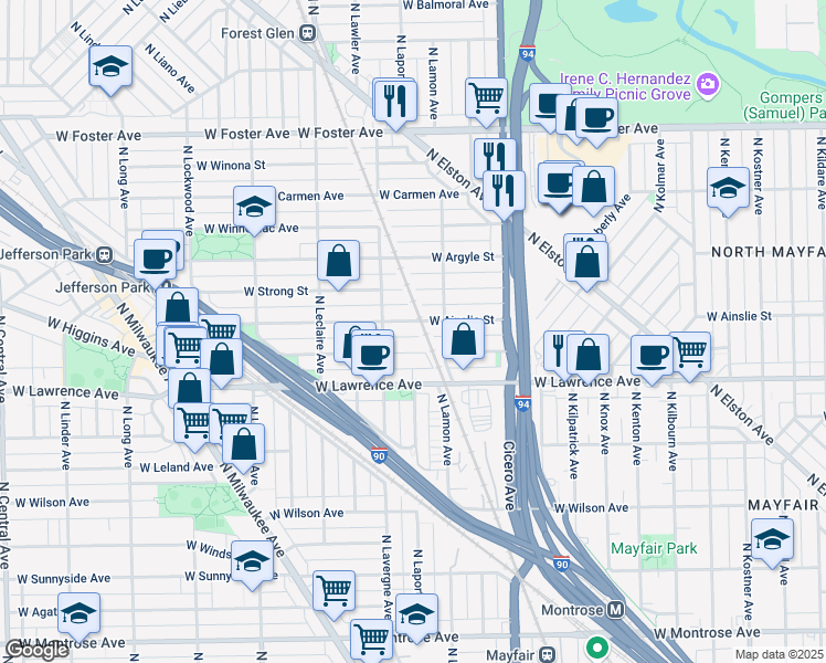 map of restaurants, bars, coffee shops, grocery stores, and more near 4928 West Ainslie Street in Chicago