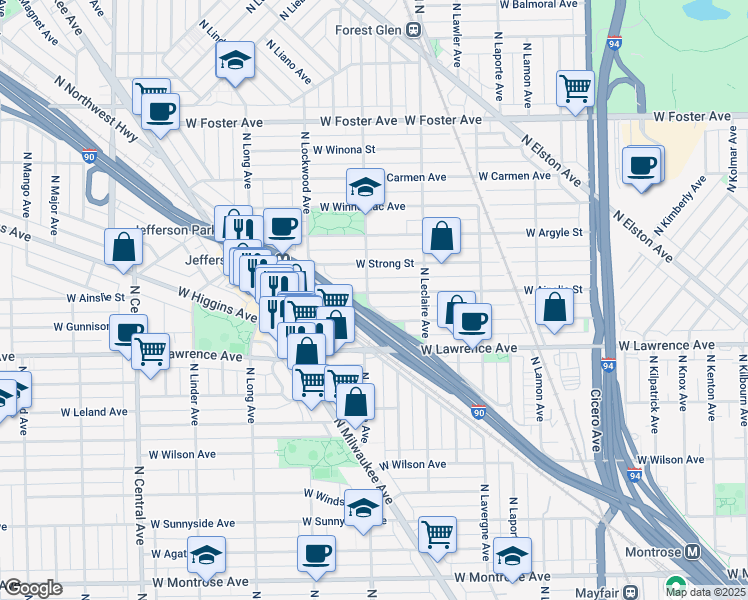 map of restaurants, bars, coffee shops, grocery stores, and more near 5158 West Ainslie Street in Chicago