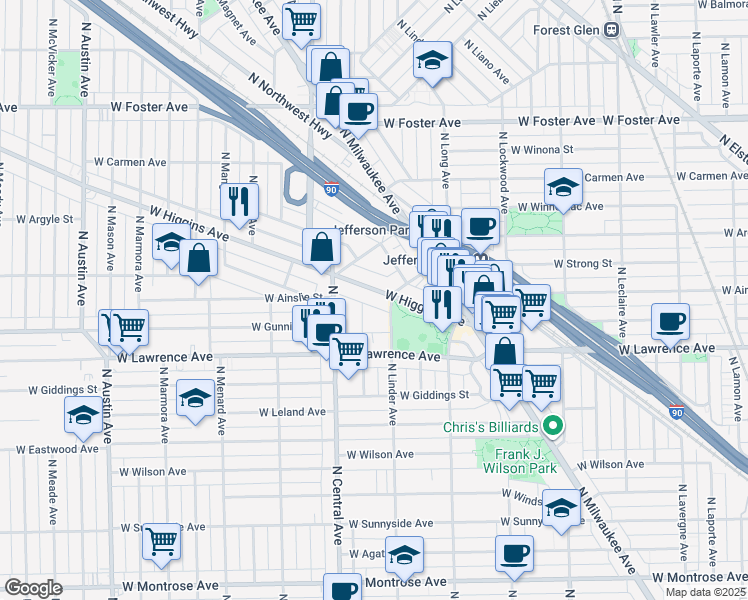 map of restaurants, bars, coffee shops, grocery stores, and more near 5541 West Higgins Avenue in Chicago