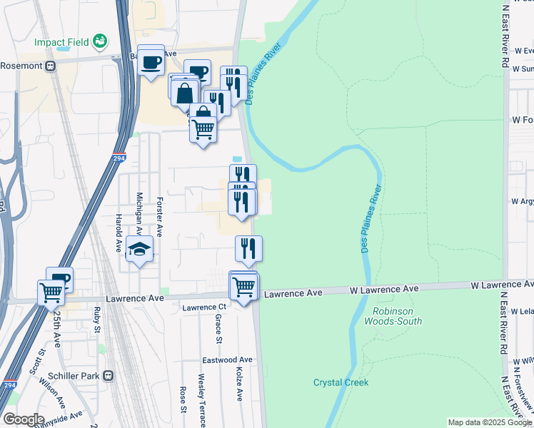map of restaurants, bars, coffee shops, grocery stores, and more near 5019 River Road in Schiller Park