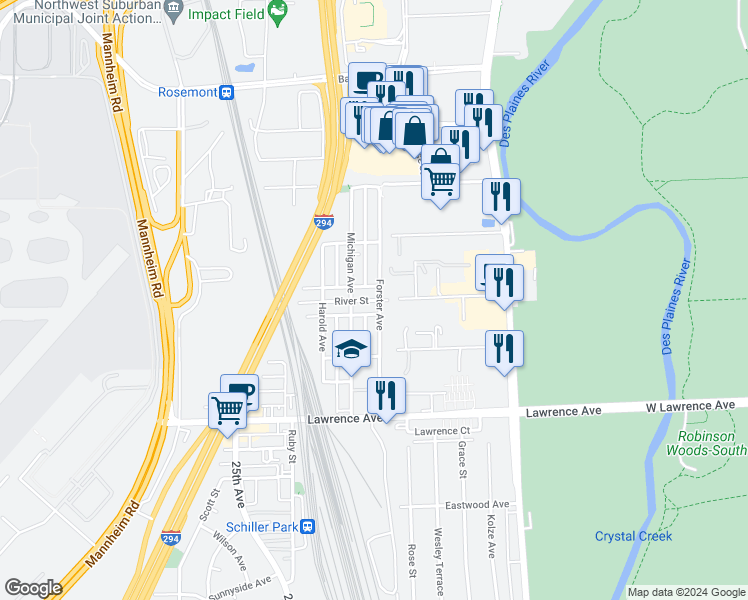 map of restaurants, bars, coffee shops, grocery stores, and more near 5015 Forster Avenue in Schiller Park