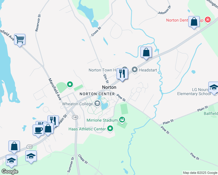 map of restaurants, bars, coffee shops, grocery stores, and more near East Main Street & Elm Street in Norton