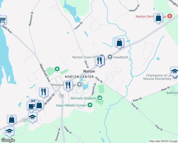 map of restaurants, bars, coffee shops, grocery stores, and more near East Main Street & Elm Street in Norton