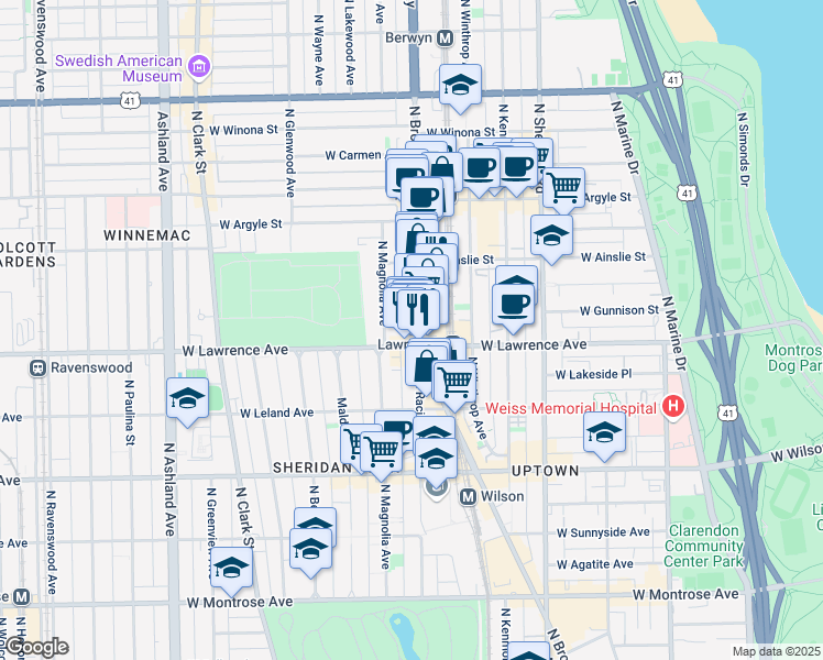 map of restaurants, bars, coffee shops, grocery stores, and more near 4816 North Broadway in Chicago