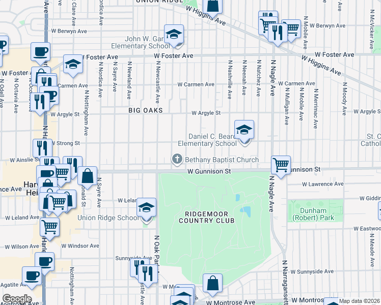 map of restaurants, bars, coffee shops, grocery stores, and more near 4859 North Rutherford Avenue in Chicago
