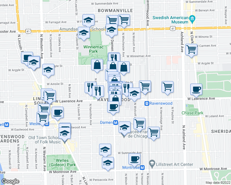 map of restaurants, bars, coffee shops, grocery stores, and more near 4823 North Damen Avenue in Chicago