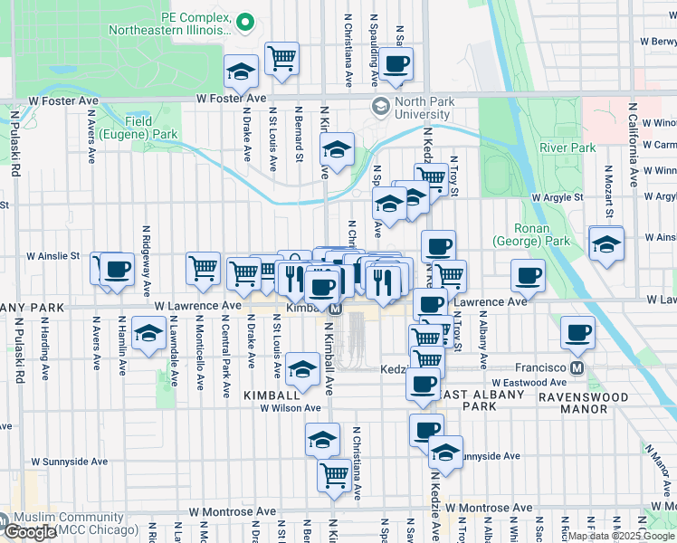 map of restaurants, bars, coffee shops, grocery stores, and more near 4856 North Christiana Avenue in Chicago