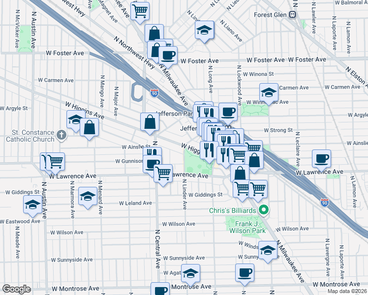map of restaurants, bars, coffee shops, grocery stores, and more near 4899 North Linder Avenue in Chicago