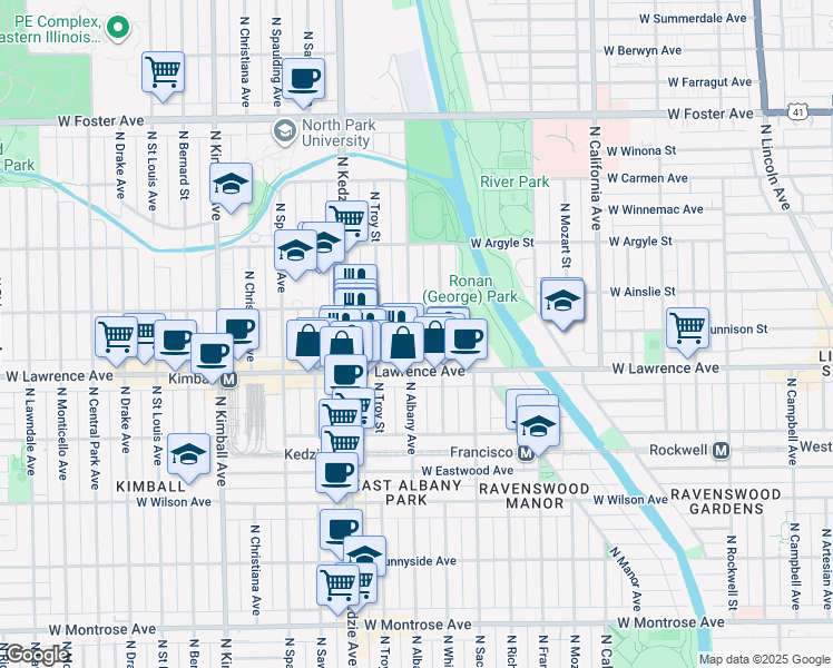 map of restaurants, bars, coffee shops, grocery stores, and more near 4850 North Albany Avenue in Chicago