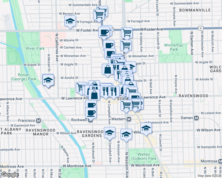 map of restaurants, bars, coffee shops, grocery stores, and more near 2500 West Gunnison Street in Chicago
