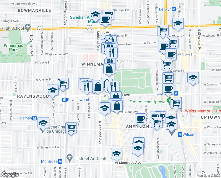 map of restaurants, bars, coffee shops, grocery stores, and more near 4814 North Clark Street in Chicago