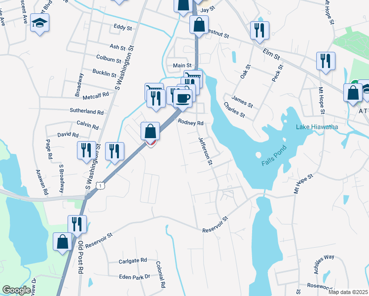 map of restaurants, bars, coffee shops, grocery stores, and more near 23 Lakeshore Drive in North Attleborough