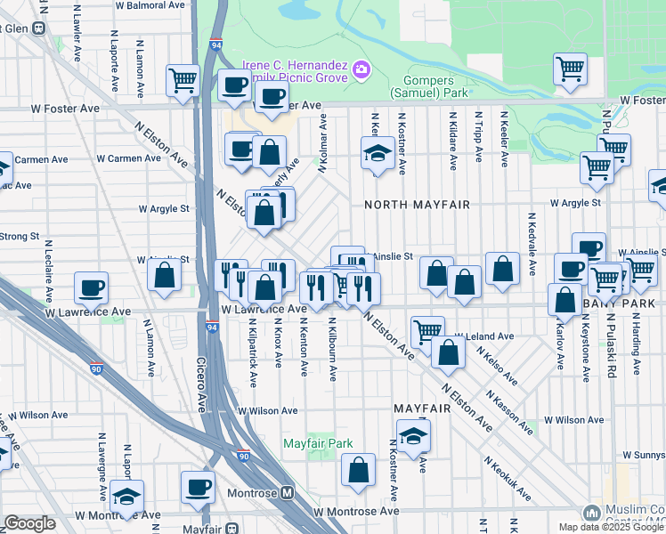 map of restaurants, bars, coffee shops, grocery stores, and more near 4900 North Kentucky Avenue in Chicago