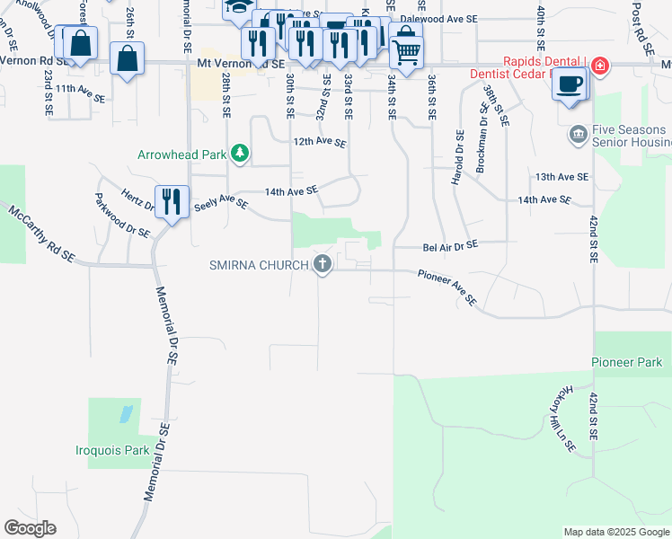 map of restaurants, bars, coffee shops, grocery stores, and more near 3130 Pioneer Avenue Southeast in Cedar Rapids