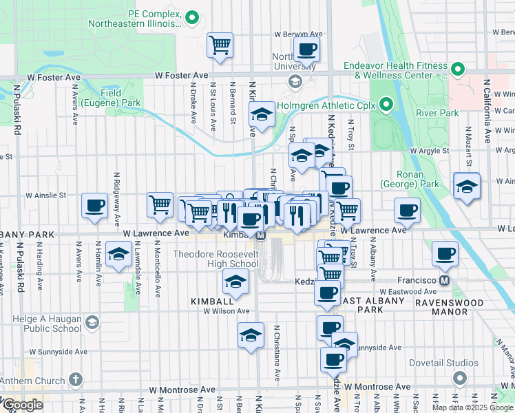 map of restaurants, bars, coffee shops, grocery stores, and more near 4839 North Kimball Avenue in Chicago