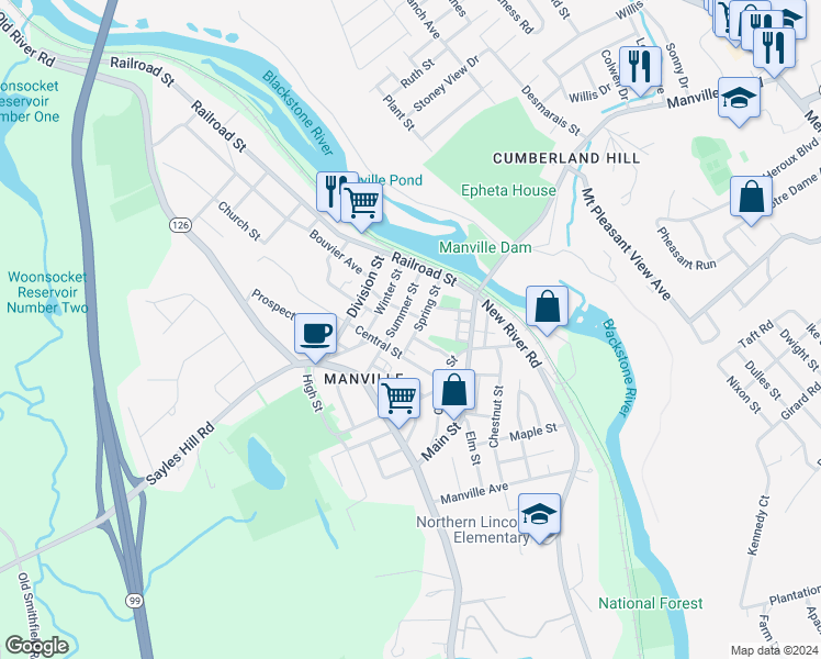 map of restaurants, bars, coffee shops, grocery stores, and more near 81 Spring Street in Lincoln