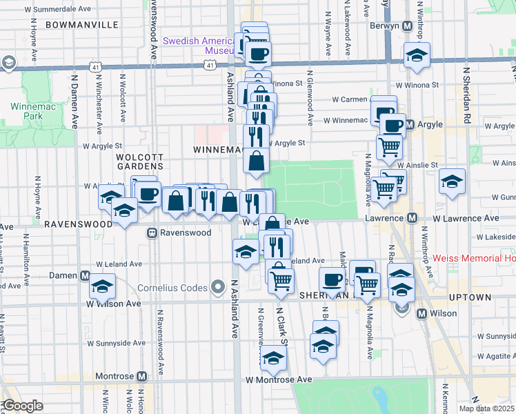 map of restaurants, bars, coffee shops, grocery stores, and more near 4836 North Clark Street in Chicago