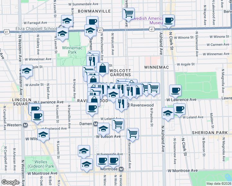 map of restaurants, bars, coffee shops, grocery stores, and more near 4838 North Wolcott Avenue in Chicago