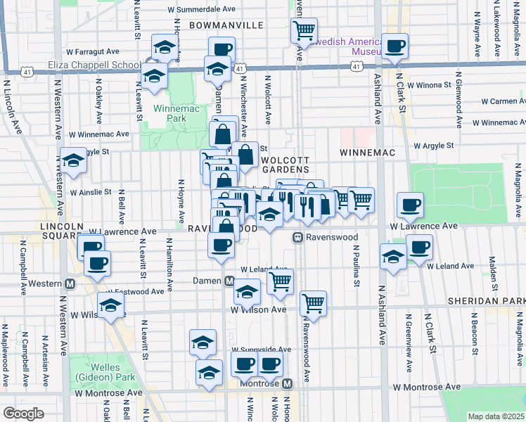 map of restaurants, bars, coffee shops, grocery stores, and more near 4838 North Wolcott Avenue in Chicago