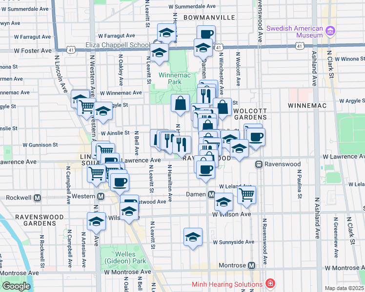 map of restaurants, bars, coffee shops, grocery stores, and more near 4842 North Seeley Avenue in Chicago
