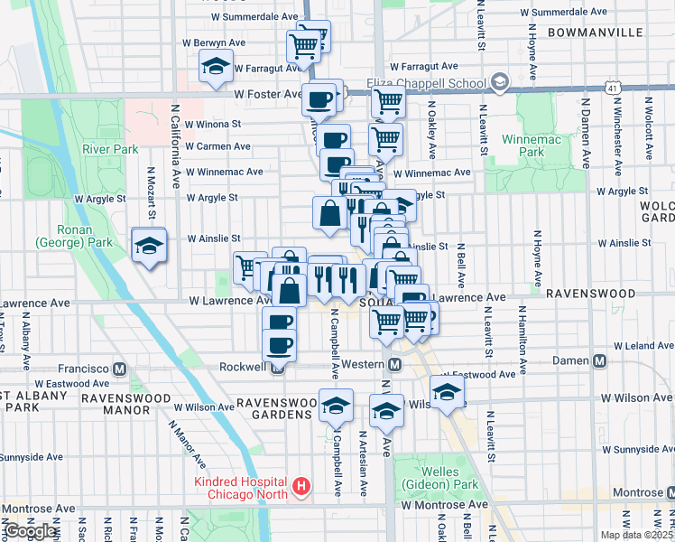 map of restaurants, bars, coffee shops, grocery stores, and more near 2500 West Gunnison Street in Chicago
