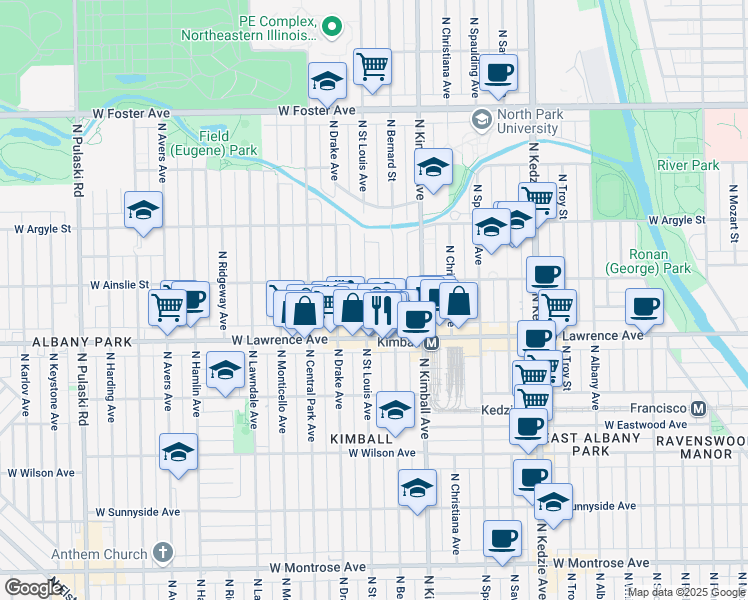 map of restaurants, bars, coffee shops, grocery stores, and more near 3449 West Ainslie Street in Chicago