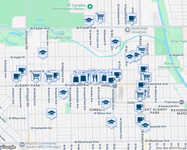 map of restaurants, bars, coffee shops, grocery stores, and more near 4855 North Drake Avenue in Chicago