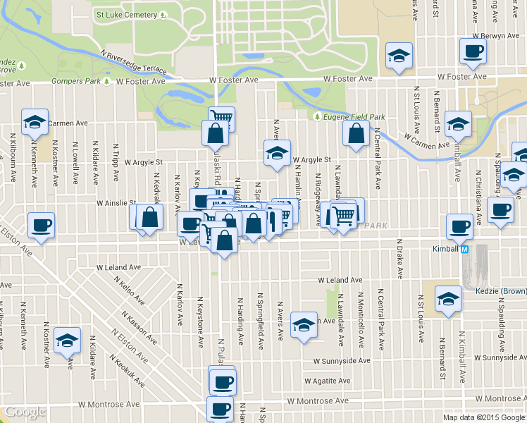 map of restaurants, bars, coffee shops, grocery stores, and more near 4856 North Springfield Avenue in Chicago
