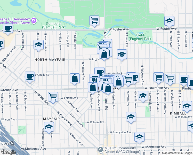 map of restaurants, bars, coffee shops, grocery stores, and more near 4857 North Keystone Avenue in Chicago
