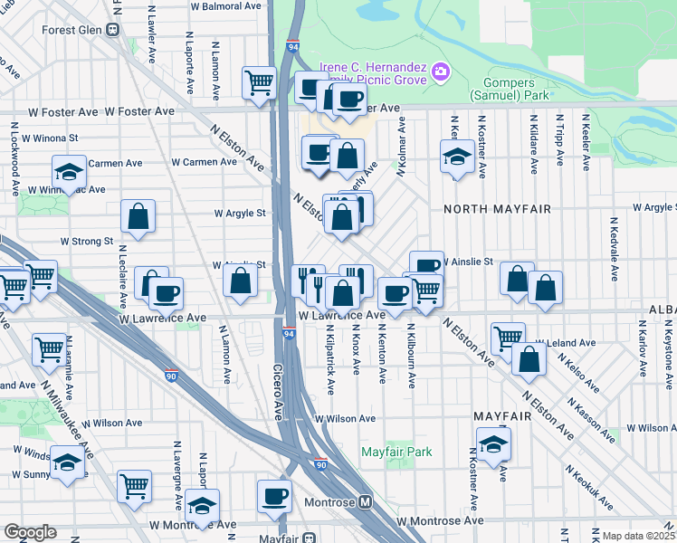 map of restaurants, bars, coffee shops, grocery stores, and more near 4909 North Kruger Avenue in Chicago