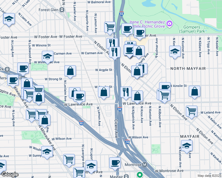 map of restaurants, bars, coffee shops, grocery stores, and more near 4816 West Ainslie Street in Chicago