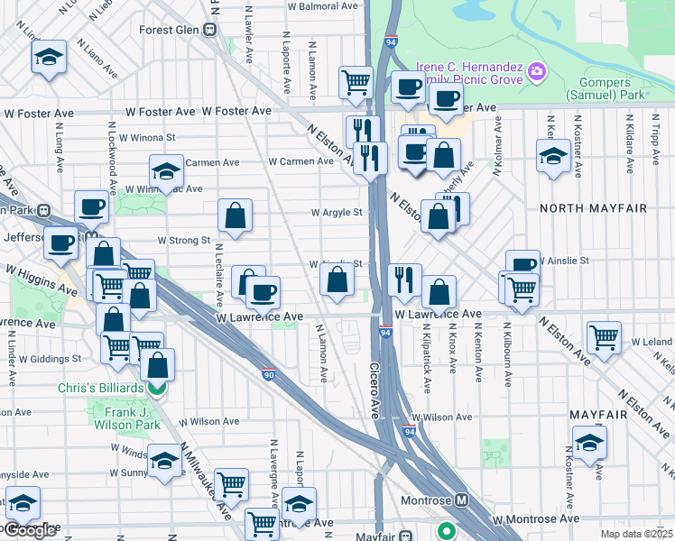 map of restaurants, bars, coffee shops, grocery stores, and more near 4852 West Ainslie Street in Chicago
