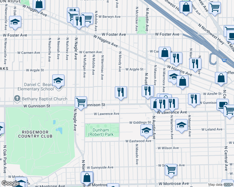 map of restaurants, bars, coffee shops, grocery stores, and more near 4853 North Melvina Avenue in Chicago