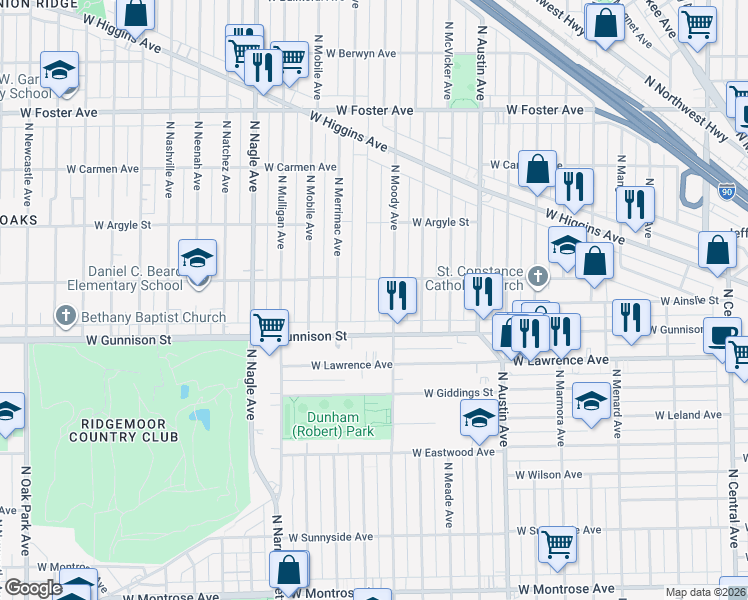 map of restaurants, bars, coffee shops, grocery stores, and more near 4853 North Melvina Avenue in Chicago