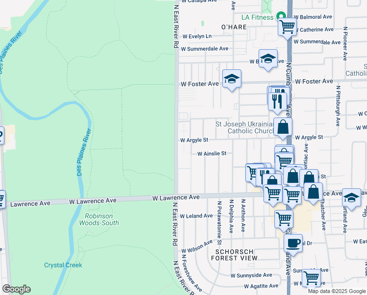 map of restaurants, bars, coffee shops, grocery stores, and more near 4939 North East River Road in Norridge