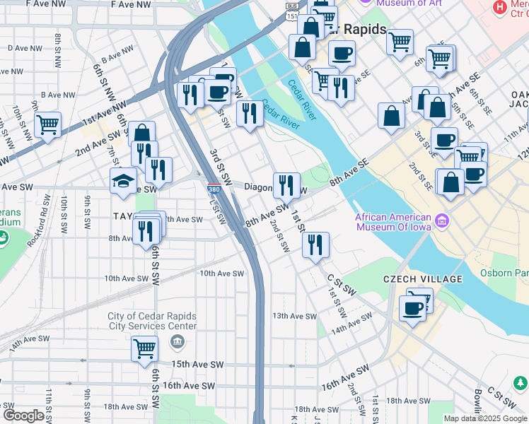 map of restaurants, bars, coffee shops, grocery stores, and more near 712 2nd Street Southwest in Cedar Rapids