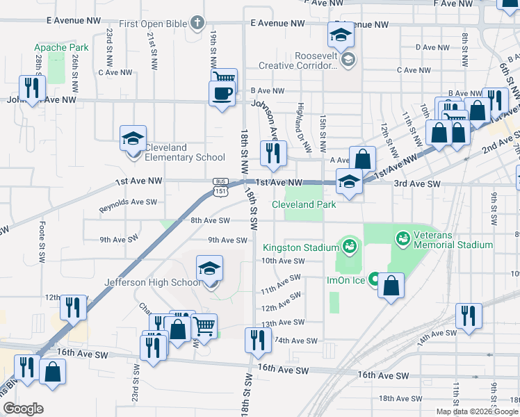 map of restaurants, bars, coffee shops, grocery stores, and more near 128 17th St SW in Cedar Rapids