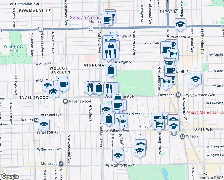 map of restaurants, bars, coffee shops, grocery stores, and more near 4836 North Clark Street in Chicago