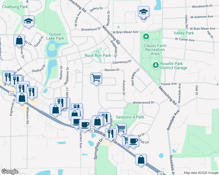 map of restaurants, bars, coffee shops, grocery stores, and more near 710 Country Lane East in Roselle