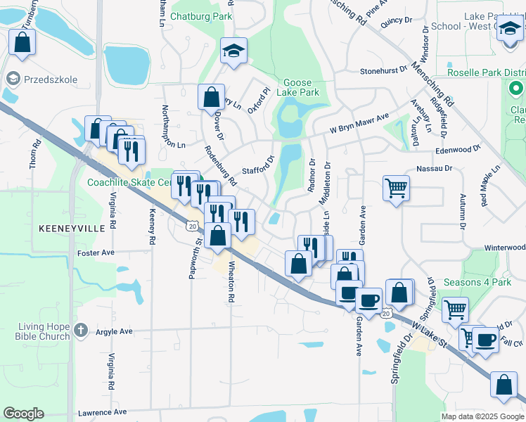 map of restaurants, bars, coffee shops, grocery stores, and more near 716 Prescott Drive in Roselle