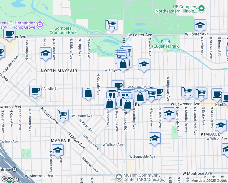 map of restaurants, bars, coffee shops, grocery stores, and more near 4857 North Keystone Avenue in Chicago