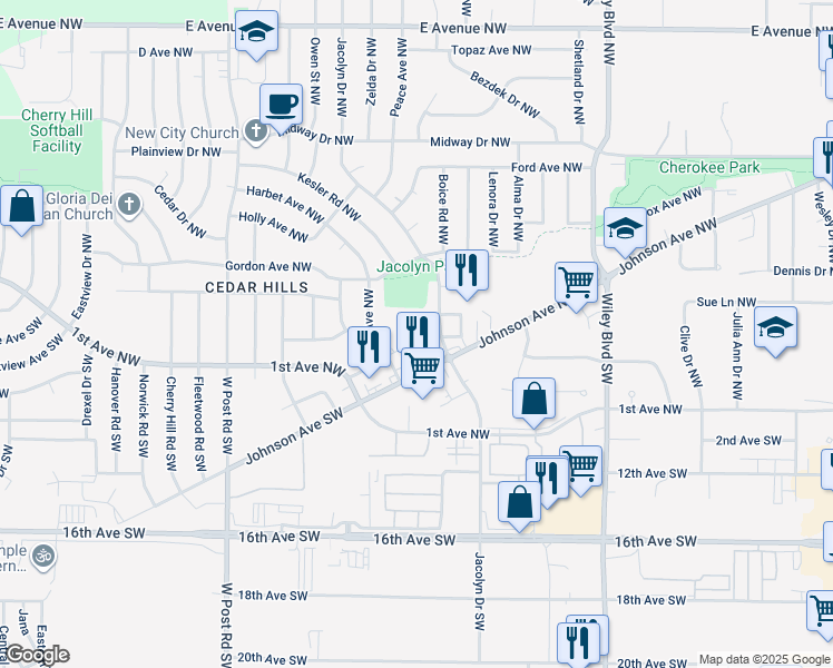map of restaurants, bars, coffee shops, grocery stores, and more near 115 Rich Mar Court Northwest in Cedar Rapids